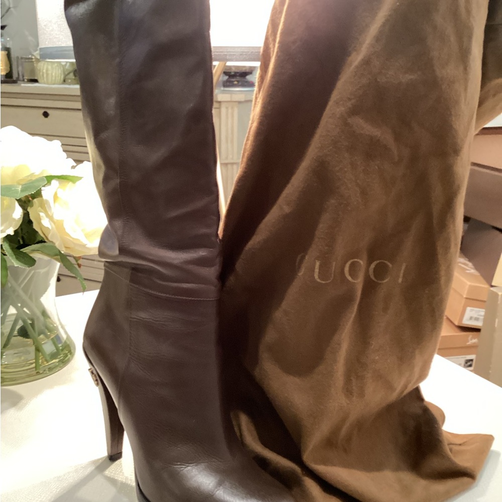 Gucci Drapple High Heeled Boots dark olive / brown Lambskin leather Size 8.5 - Picture 8 of 11